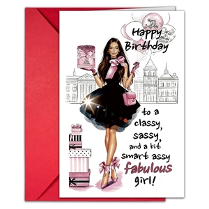 Coffret carte d'anniversaire élégant avec illustration de mode et enveloppe rouge