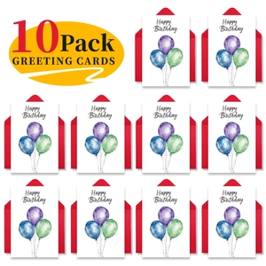 Detailed view of 10 pack Happy Birthday cards with watercolor balloons and red envelopes