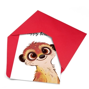 Detailed view of a cartoon meerkat birthday card with a vibrant red envelope