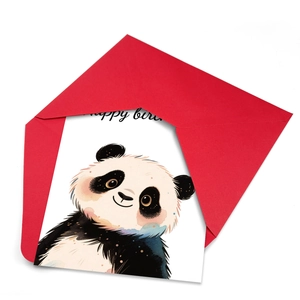 Detail of happy birthday card featuring a cute panda illustration with a red envelope