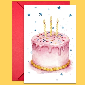 Detail of artistic watercolor birthday card with cake design and red envelope