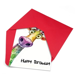 Funny watercolor giraffe birthday card set with a red envelope on a white background