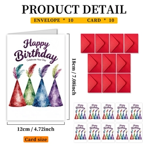 Detail view of 12x18cm watercolor birthday cards with party hats and red envelopes