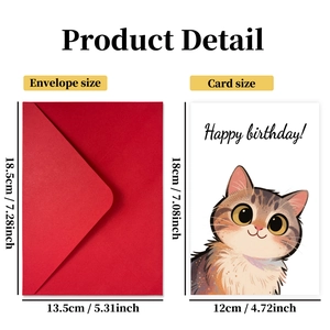 Hand-painted cat birthday card set with red envelope and detailed size specifications