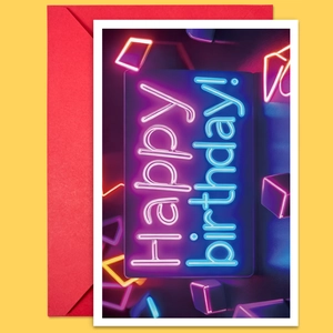 Neon style Happy Birthday card set with a vibrant red envelope on yellow background