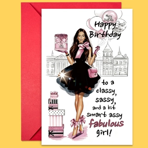 Détail de la carte d'anniversaire avec illustration de mode et enveloppe rouge