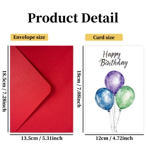 Birthday card set with watercolor balloons, Happy Birthday text and red envelope