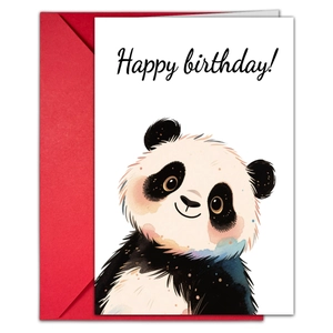 Happy Birthday card set with cute panda illustration and vibrant red envelope
