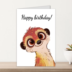 Cute meerkat cartoon birthday card with Happy birthday text on a wooden shelf with plant