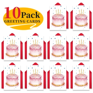 Detailed set of 10 birthday greeting cards with watercolor cake and red envelopes