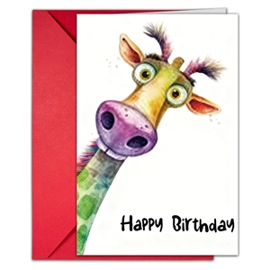 Funny watercolor giraffe birthday card set with bright red envelope and happy birthday text