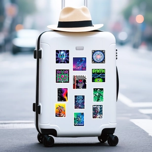 Wasserfeste Cyberpunk-Aufkleber mit Robotern und Neon-Kunst auf einem weißen Koffer