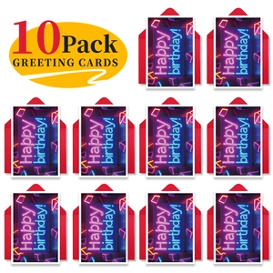 Detailed set of 10 neon Happy Birthday cards with matching red envelopes on white background