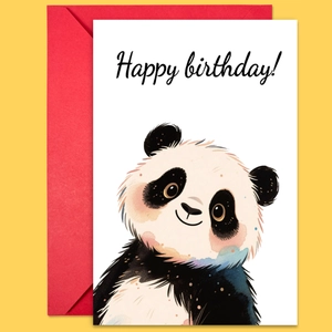Detail of happy birthday card set with cute panda illustration and red envelope