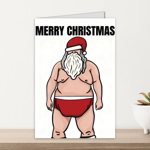 Funny Santa in red underwear Christmas card displayed on a wooden shelf with a plant