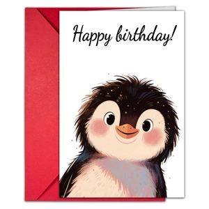 Cute cartoon penguin birthday card set with a vibrant red envelope and festive illustration