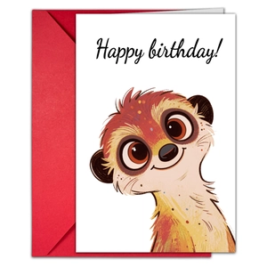 Cartoon meerkat birthday card set with a deep red envelope and happy birthday text