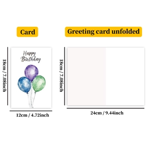 Detailed dimensions of watercolor balloon birthday card showing folded and open sizes