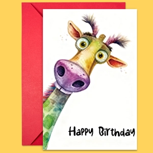 Funny watercolor giraffe birthday card set with a red envelope on a bright yellow background