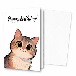 Detailed view of hand-painted cat birthday card dimensions and 300GSM paper thickness