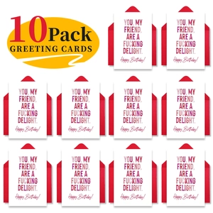 Set of 10 birthday cards with red envelopes featuring colorful typography for friends