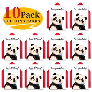 Set of 10 white birthday cards featuring cute cartoon panda illustrations and red envelopes