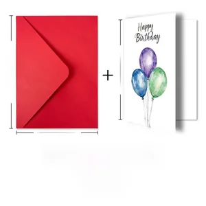 Detailed size specifications for watercolor balloon birthday card and red envelope set
