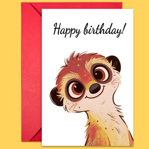 Close-up of a white cartoon meerkat birthday card with a vibrant red envelope