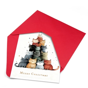 Christmas card set featuring a stack of watercolor cats and a vibrant red envelope