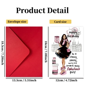 Coffret carte d'anniversaire pour femme avec illustration de mode et enveloppe rouge