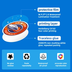 Detail van de waterdichte meerlaagse structuur van voetbalstickers zonder lijmresten na verwijdering