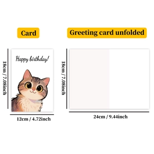 Cat birthday card detail showing folded and unfolded views with precise dimensions