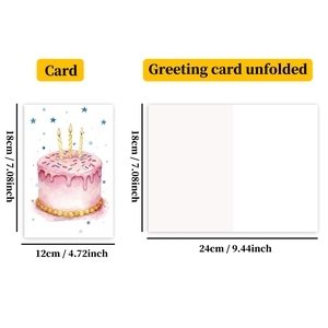 Detailed dimensions of the unfolded watercolor birthday card with cake illustration