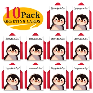 Detailed grid view of 10 pack cute penguin birthday cards with vibrant red envelopes