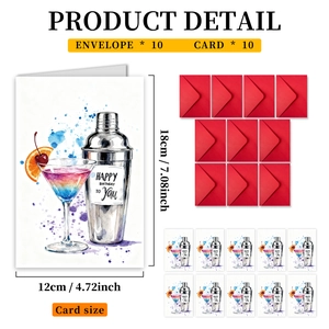 Set di 10 biglietti di compleanno acquerello con cocktail e buste rosse da 12x18 cm