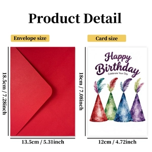 Birthday card set with red envelope and colorful party hat design for celebrations