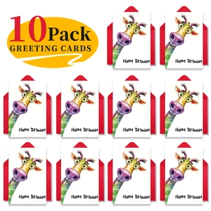 Set of 10 large watercolor giraffe birthday cards with matching red envelopes