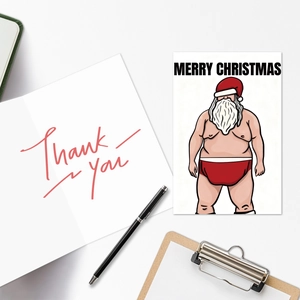 Detailed view of humor Santa Christmas card set with matching red thank you note card