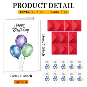 Detail view of 10-piece watercolor balloon birthday card set with dimensions 12x18cm