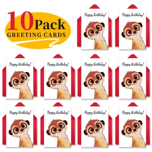 Detailed set of 10 cartoon meerkat birthday cards with matching red envelopes in a neat grid