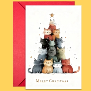 Close-up of a stacked cat Christmas tree greeting card with a bright red envelope set