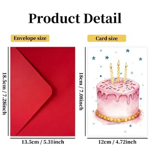 Birthday card set size guide with large red envelope and watercolor cake illustration