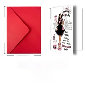 Détail d'une carte d'anniversaire élégante avec illustration féminine et enveloppe rouge