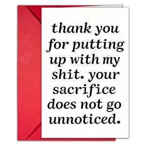 Minimalist white thank you card with humor text and red envelope set in flat lay view