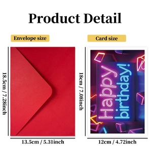 Neon style Happy Birthday card set with red envelope for gift giving and cake decor