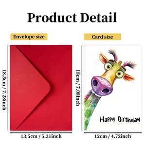 Birthday card set with colorful watercolor giraffe illustration and red envelope