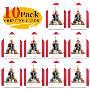 Detailed set of 10 watercolor cat Christmas tree greeting cards with red envelopes