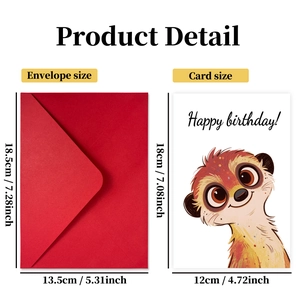 Cartoon meerkat birthday card set with red envelope and size details on white background