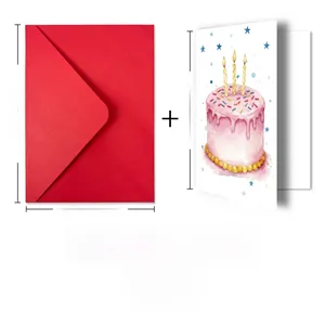 Detailed view of red envelope and birthday card with hand-painted cake illustration