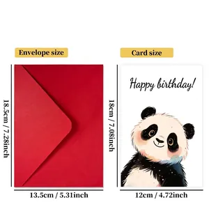Happy birthday card set with cute cartoon panda illustration and red envelope dimensions